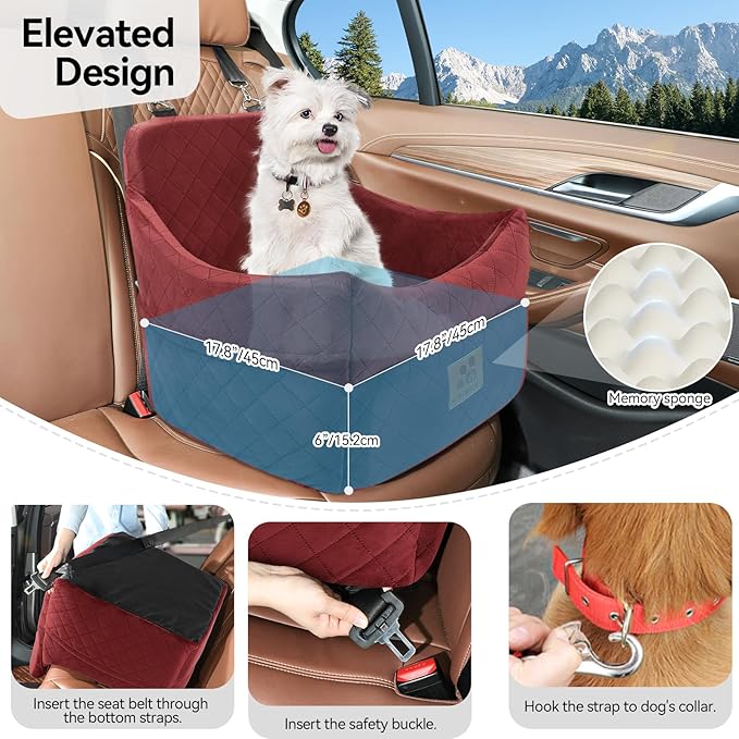 GL GLENSLAVE Dog Car Seat for Small/Medium Dogs, Dog Booster Car Seats with Thick Cushion for Dogs Under 35lbs, Detachable Washable Pet Carseat with Storage Pockets, 2 Safety Belts(Red)