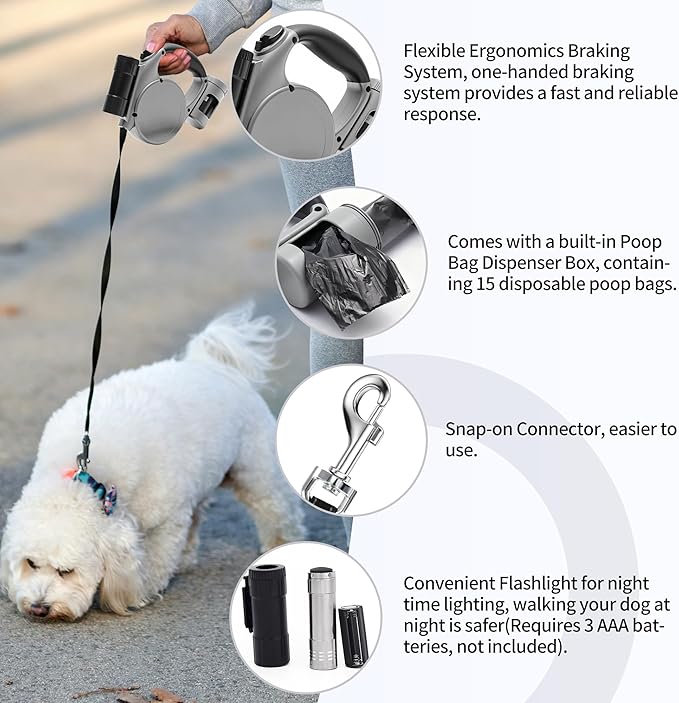 Retractable Dog Leash for Medium & Small Dogs - 16.4 Ft Pet Leash with Detachable LED Flashlight, Poop Bag Dispenser, Ergonomic Handle(Gray)