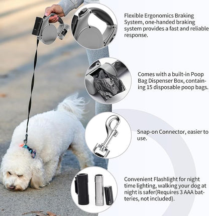 Retractable Dog Leash for Medium & Small Dogs - 16.4 Ft Pet Leash with Detachable LED Flashlight, Poop Bag Dispenser, Ergonomic Handle(Gray)