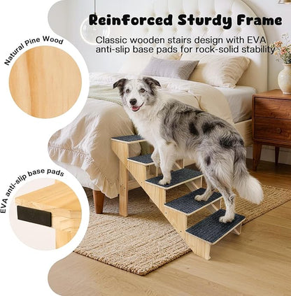 5-Step Dog Stairs for Large Dogs, Solid Wooden Dog Steps for Beds/Couch with Carpet, 24 Inches Anti-Slip Pet Stairs for High Beds, Ramp for Older/Senior Dogs, Pet Bed Stairs to Get on Bed/Sofa