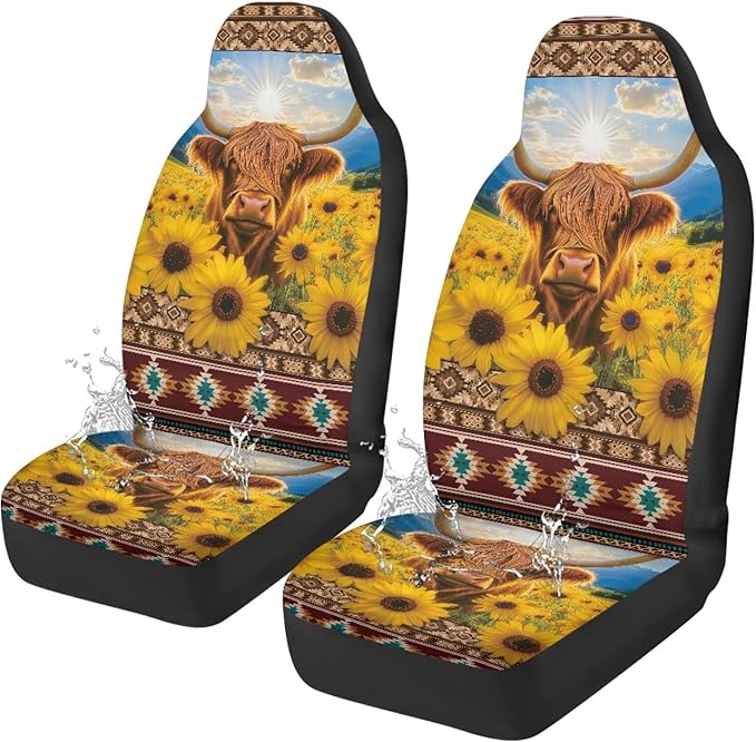 Sunflower Highland Cow Car Seat Covers Elastic Fabrics Waterproof Car Seat Cover Easy to Install Auto Interior Accessories 2 Pcs Set for SUV, Vans,Sedan,Truck