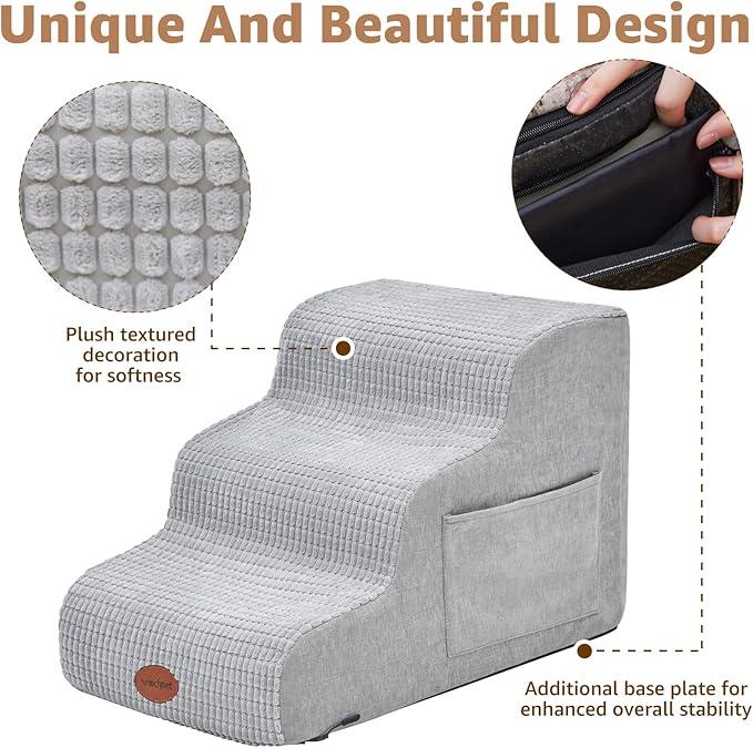 Woochpet Dog Stairs for Small Dogs, 15.7”H Ramp 3 Tier Wider Curved Pet Stairs for Couch and Beds，Weighted Base Plate Indoor Dog Steps with Non-Slip Bottom and Washable Cover for Old Cats