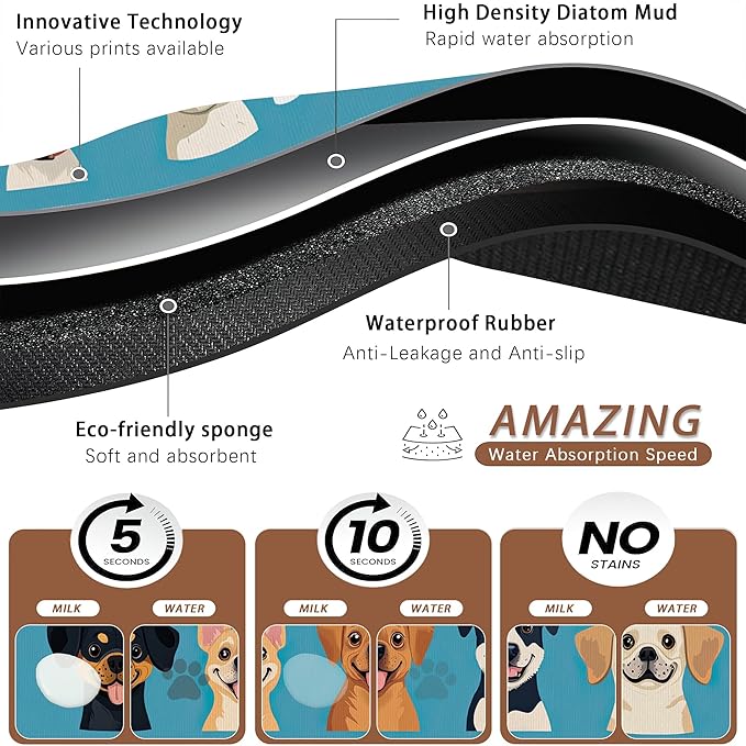 Cute Dog Cat Food Mat,Absorbent Pet Feeding Mat with Rubber Backing,Non-Slip Water Bowl Placemat,Indoor Pet Accessories Supplies 12"x20"