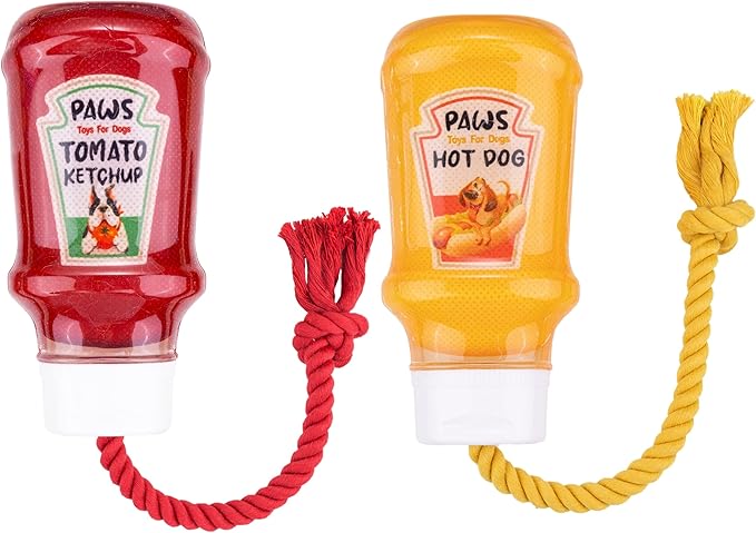 Fuzzl TPR Ketchup & Mustard TPR Rubber Dog Toy - Rope Chew Toy Set 2 - Tough Toy