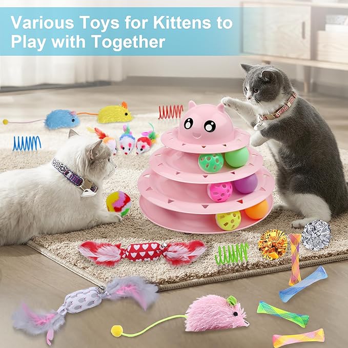 UPSKY 24 PCS Cat Toys, 3-Level Turntable Kitten Toys Set, Interactive Cat Roller Toys for Indoor Cats, Catnip Toys, Cat Teaser Toys, Mice Toys, Spring Toys, Various Ball Toys for Kitty