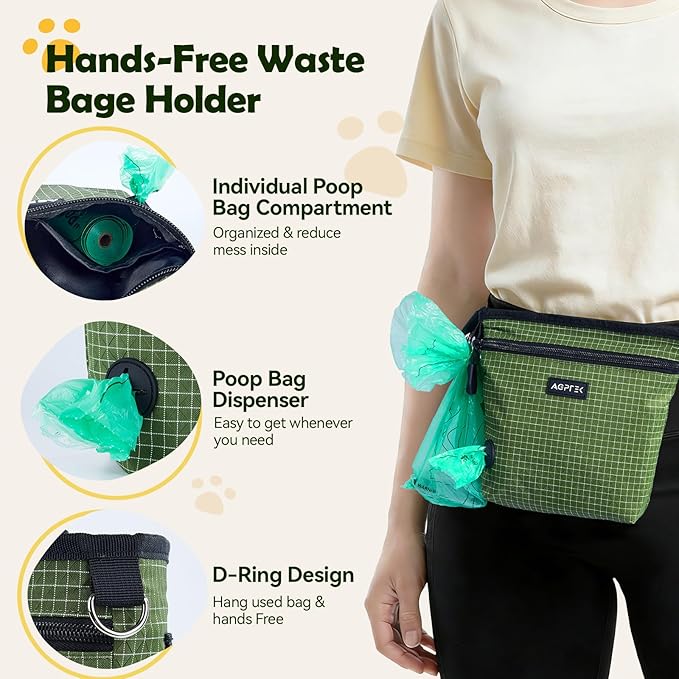 AGPTEK Dog Treat Pouch, Magnetic Dog Walking Pouch with Removable & Split Snack Bag, Water-Resistant Waist Pack with Poop Bag Dispenser & Hands-Free D-Ring for Training, Walking, Hiking, Run, Green