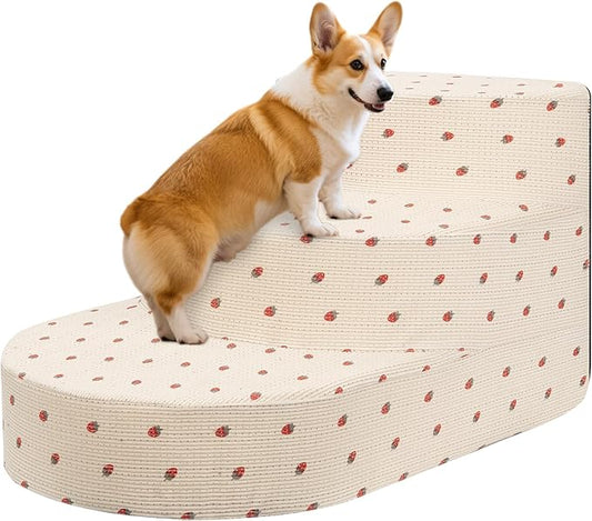 Dog Stairs for Small Dogs, Foam Steps for Small Dogs & Cats, 3 Steps Dog Ramp for High Beds, Couch, Window, Sofa, Pet Stairs with Removable Washable Cover, Non-Slip Sturdy Pet Steps, Strawberry