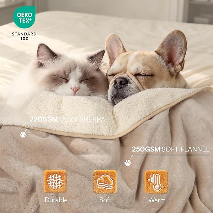 Luciphia Waterproof Pet Blanket, Liquid Pee Proof Dog Blanket for Sofa Bed Couch, Reversible Sherpa Fleece Furniture Protector Cover for Small Medium Large Dogs Cats, Khaki+Beige X-Large（85" x 57"）