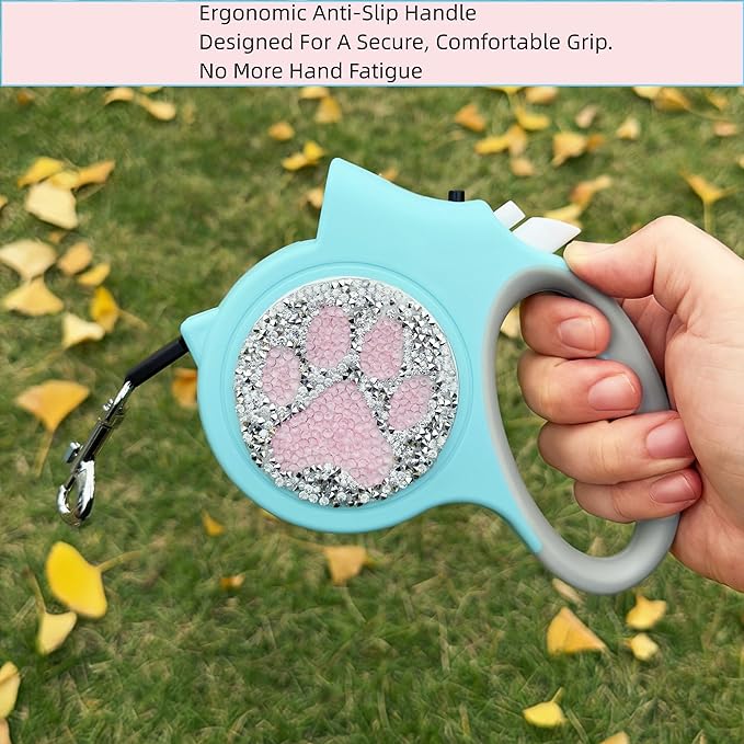 Led Retractable Dog Leash – 16ft Leash with Handcrafted Sparkle Detail Tangle-Free One-Hand Brake Soft Grip Handle for Small & Medium Dogs Up to 77lbs (DL-Lake Blue)