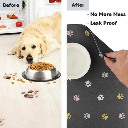 Pet Feeding Mat Absorbent Dog Mat for Food and Water Non Slip Quick Dry Dog Bowl Mats for Floors 27" X 17" Paw Dark Gray