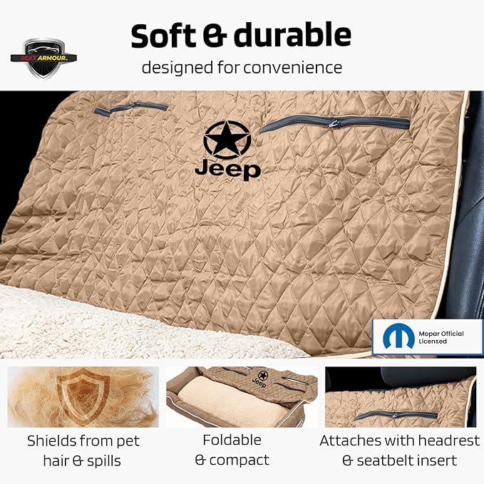 PetBed2GO Jeep Tan, Large Pet Bed Cushion & Car Seat Cover, 52x20x7, 6lbs