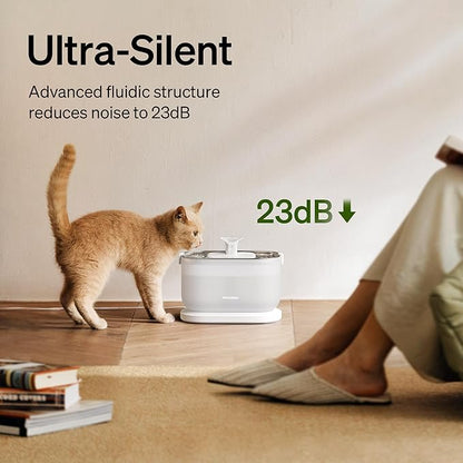 PETLIBRO Cat Water Fountain + PETLIBRO Genuine 4 Packs Filters, Cat Fountain Indoor Stainless Steel Tray, 2.5L/84oz Wireless Pump Pet Water Fountain, Cat Water Dispenser with Two Flow Modes
