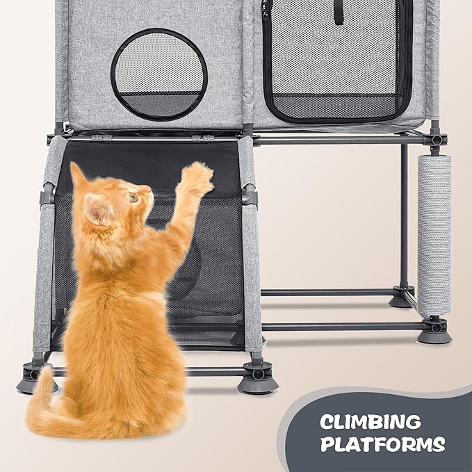 Large Cat Hamock Bed with Scratching Post – Multi-Level Cat Tree with House Condos & Ladder for Indoor/Outdoor Use+Grey/Three-Tier