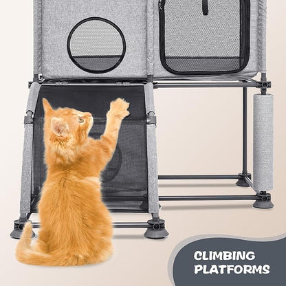 Large Cat Hamock Bed with Scratching Post – Multi-Level Cat Tree with House Condos & Ladder for Indoor/Outdoor Use+Grey/Three-Tier