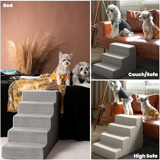 MEWANG Dog Stairs for Small & Medium Dogs and Old Cats –3/4/ 5 Steps High-Density Foam Pet Ramp for Bed & Couch, Non-Slip, Washable Cover, Grey (Square Corner, 3 Steps: 17.95''×14.96''×13.70'')