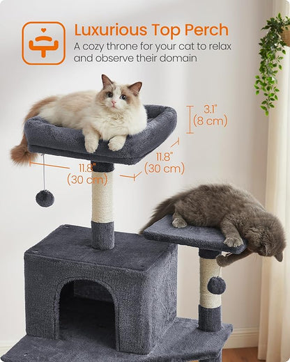 Feandrea Cat Tree, 73.2-Inch Tall Cat Tower, Plush Multi-Level Condo with 5 Scratching Posts, 2 Perches, 2 Caves, Hammock, 2 Pompoms, Smoky Gray UPCT191G01