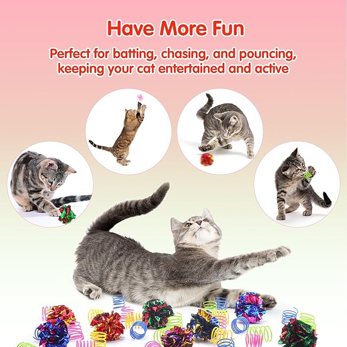 SEVENKA Cat Toys 8 Pcs Color Crinkle Balls and 24 Spring Toy, 2in/5cm Cat Balls, Kitten Toy, Plastic Spiral Springs for Swatting, Biting, Hunting, Active Healthy Play