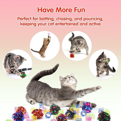 SEVENKA Cat Toys 8 Pcs Color Crinkle Balls and 24 Spring Toy, 2in/5cm Cat Balls, Kitten Toy, Plastic Spiral Springs for Swatting, Biting, Hunting, Active Healthy Play