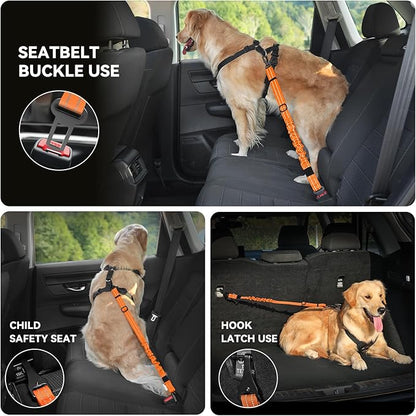 Pawaboo Dog Seat Belt Harness for Car, Dog Car Harness Seatbelt with Double Clips, Adjustable Breathable Pet Vest & Dogs Safety Tether with Elastic Bungee for Small Medium Large Pet, XL, Orange/Black