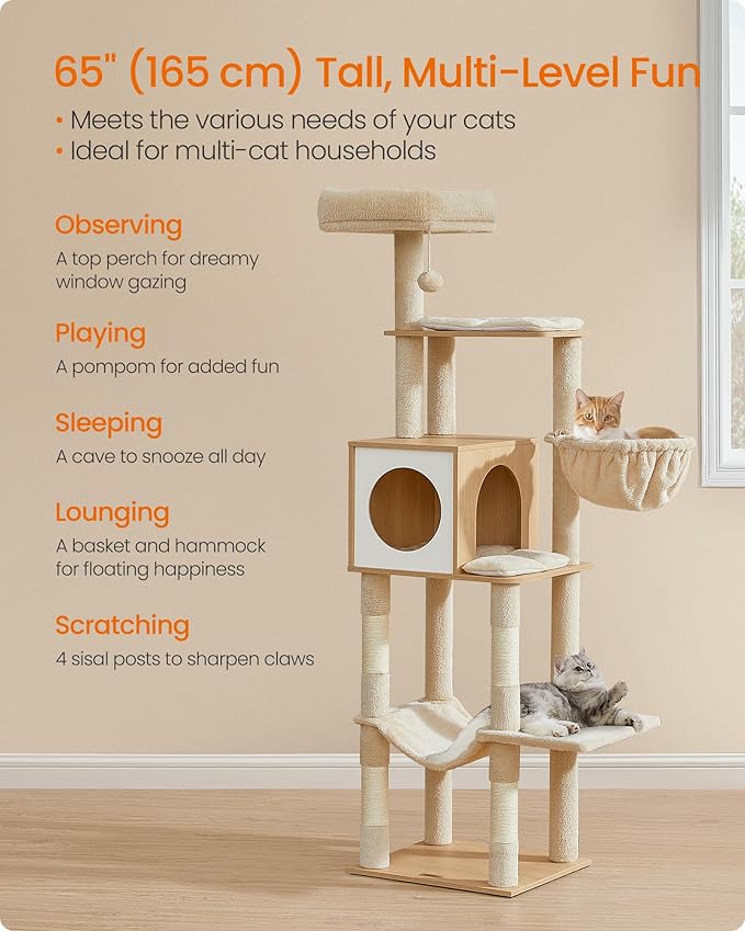 Feandrea Cat Tree, 65-Inch Tall Cat Tower, Multi-Level Condo with Cave, Basket, Hammock, Pompom, Scratching Posts, Almond Yellow UPCT118Y01