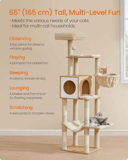 Feandrea Cat Tree, 65-Inch Tall Cat Tower, Multi-Level Condo with Cave, Basket, Hammock, Pompom, Scratching Posts, Almond Yellow UPCT118Y01