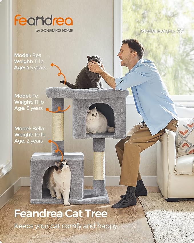 Feandrea Cat Tree, 40.6-Inch Cat Tower, Plush Condo for Extra Large Cats up to 44 lb, Large Perch, 2 Caves, Scratching Post, Light Gray UPCT614W01
