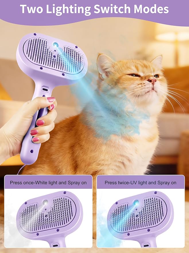 Dog Cat Steam Brush With UV Light, 3 in 1 Release Button Self-Cleaning Grooming Brush for Pets Cats Dogs, Hair Massaging Shedding for Small Animals Long Short Haired - Purple
