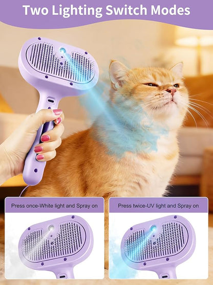 Dog Cat Steam Brush With UV Light, 3 in 1 Release Button Self-Cleaning Grooming Brush for Pets Cats Dogs, Hair Massaging Shedding for Small Animals Long Short Haired - Purple