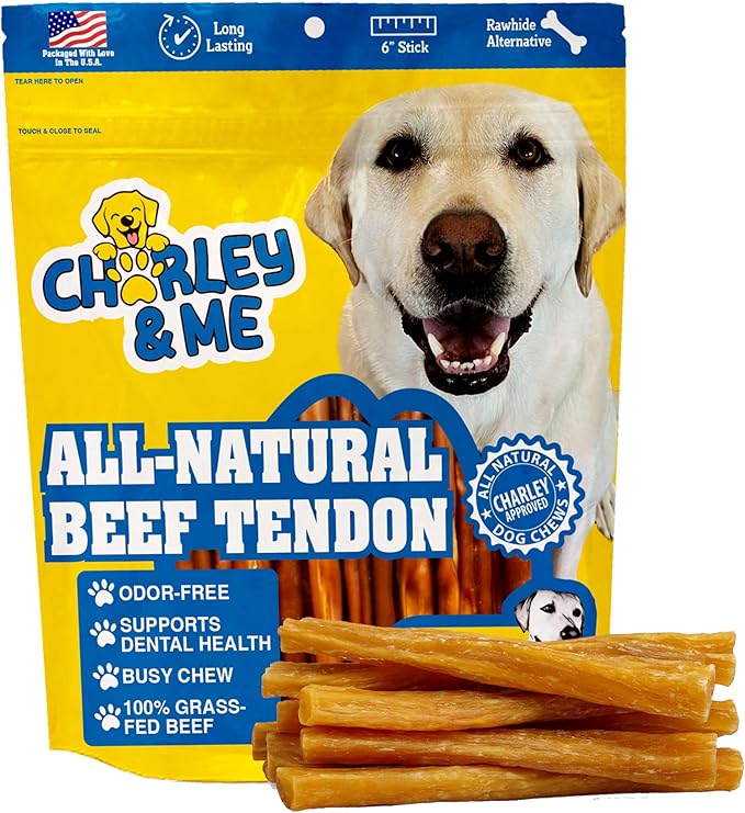 CHARLEY & ME Beef Tendons for Dogs, 100% Natural Beef Puppy Treats, Long-Lasting Dog Chew Toy for Aggressive Chewers - Nutritious Joint Support for Dogs - 6 Inches (Pack of 10)