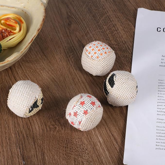 4 Pcs Cat Balls Toys for Indoor Cats, Handmade Sisal Kitten Toys Ball Interactive Canvas Cat Ball Toy Cute Cats Pom Pom Balls for Indoor Kitten Puppy Stuffed Pets Interaction Playing