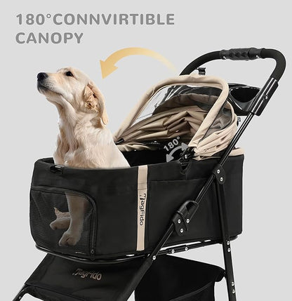 Pet Stroller with Removable Carrier, 3 in 1 Stroller for Dogs, Pet One-Click Foldable Pet Stroller with 4 Wheel, Small Dog Stroller Holds up to 33 lbs, Cup Holder, Car Stroller, Khaki
