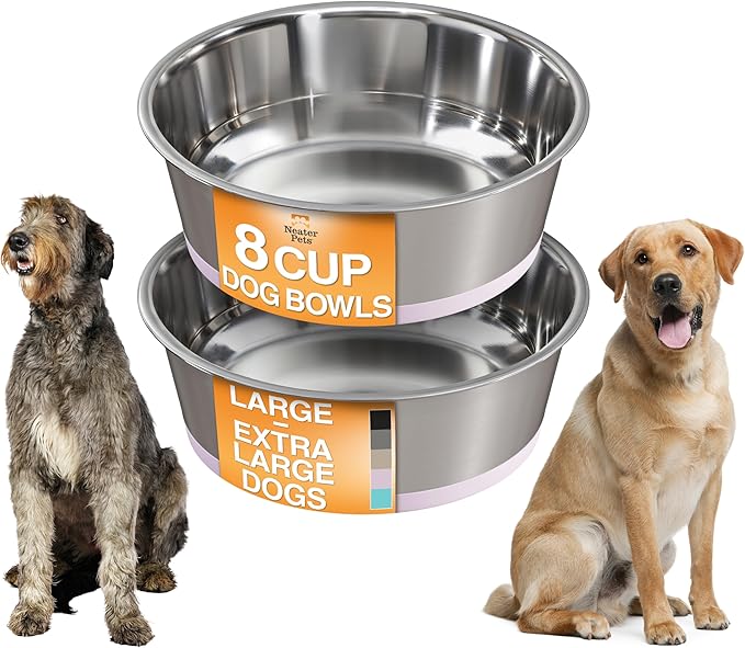 Neater Pet Brands Stainless Steel Dog Bowls with Non-Slip Rubber Bottom – Set of 2, 8 Cup (64 oz), Pink - Heavy Duty Metal Dog Bowl, Dishwasher Safe, Food or Water Bowl, Ideal for Large Dogs