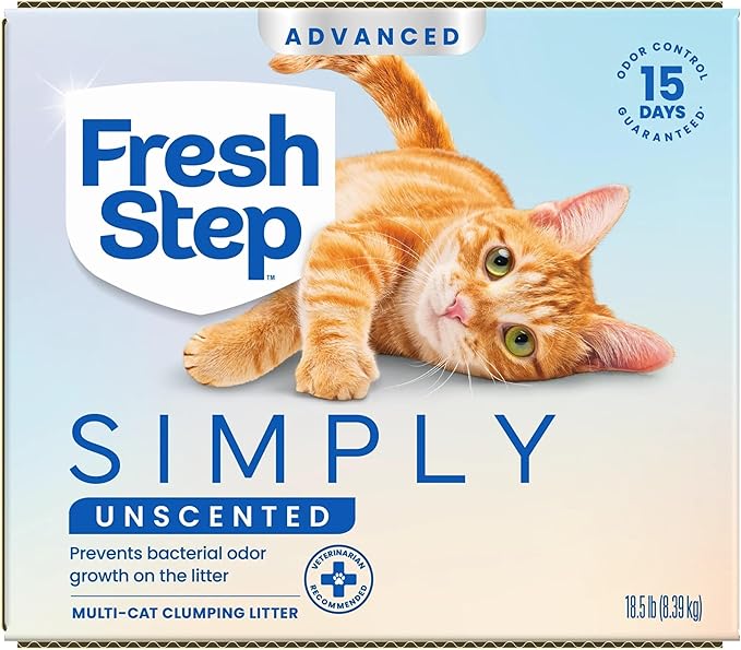 Fresh Step Advanced Simply Unscented Multi Cat Clumping Cat Litter, Low Dust, Odor Control with Activated Charcoal Tech, Compatible in Automatic Litter Boxes, 18.5 lb.
