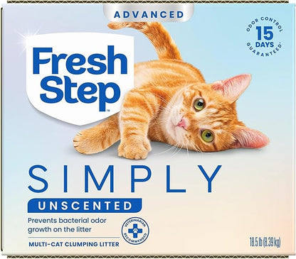 Fresh Step Advanced Simply Unscented Multi Cat Clumping Cat Litter, Low Dust, Odor Control with Activated Charcoal Tech, Compatible in Automatic Litter Boxes, 18.5 lb.