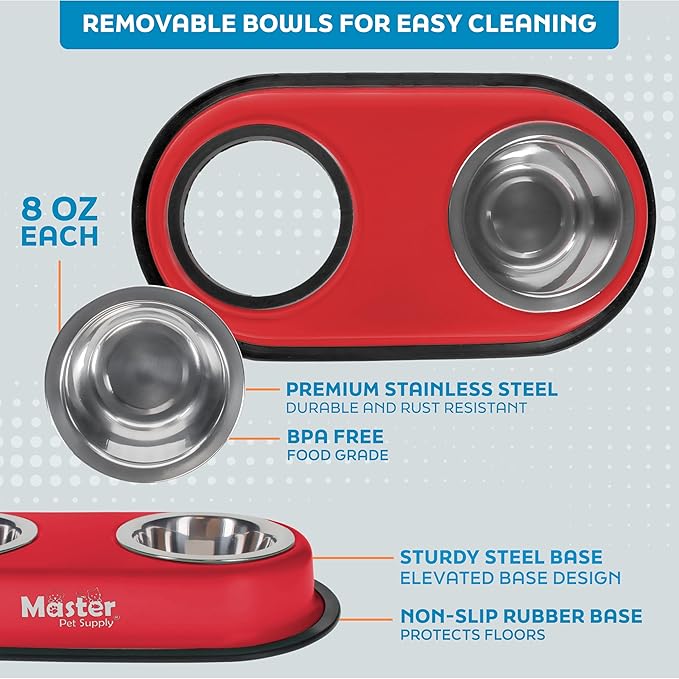 Master Pet Supply Double Dog Bowls Set with Elevated Base and 2 (8 oz) Stainless Steel Removable Dishes (Crimson Flame) – Double Cat Food Water Bowl, Dog Puppy Food Bowl Set, Rust Resistant