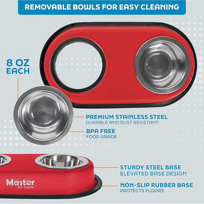 Master Pet Supply Double Dog Bowls Set with Elevated Base and 2 (8 oz) Stainless Steel Removable Dishes (Crimson Flame) – Double Cat Food Water Bowl, Dog Puppy Food Bowl Set, Rust Resistant