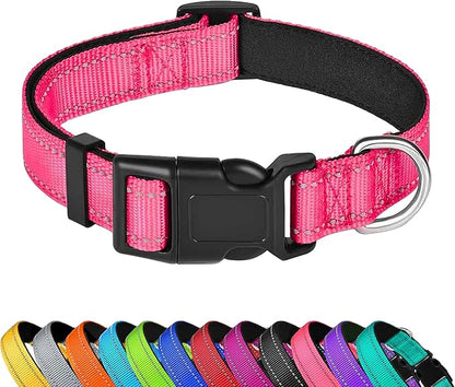 Reflective Dog Collar, Adjustable Soft Neoprene Padded Nylon Pet Collars with Buckle for Small Dogs, Hotpink,S