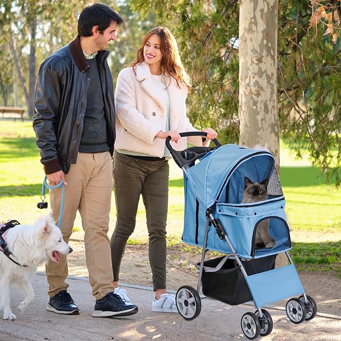 ZENY Foldable Pet Stroller, Cat/Dog Stroller with 4 Wheel, Pet Travel Carrier Strolling Cart with Storage Basket, Cup Holder (Blue)