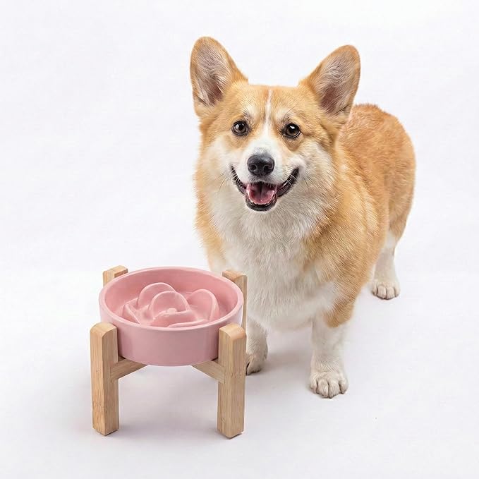 Petygooing Elevated Slow Feeder Ceramic Dog Bowls 8.26in, Slow Feeder Elevated Bowl for Small&Medium, Ceramic Slow Feeder Heavy Weighted Non-Toxic Non-Slip Puzzle Maze(Pink, 8.26in)