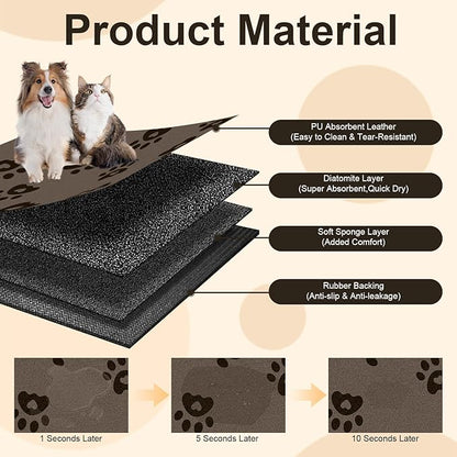 BLESWIN Pet Feeding Mats 17"x28", Water Absorbing Mat for Dog Bowl, Dog Dish Mats for Floors Waterproof, Non Slip Mat for Dogs, Pet Placemats for Food and Water, Cat Mat for Food and Water, Brown