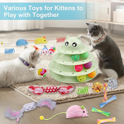 UPSKY 24 PCS Cat Toys, 3-Level Turntable Kitten Toys Set, Interactive Cat Roller Toys for Indoor Cats, Catnip Toys, Cat Teaser Toys, Mice Toys, Spring Toys, Various Ball Toys for Kitty