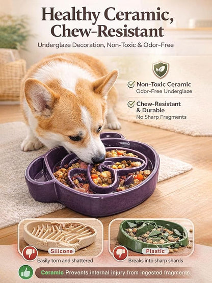 Art Ceramic Slow Feeder Pug Shape, 1.5 Cups Dog Bowl for Small & Medium Breed. Bite-Resistant, Dishwasher Safe, Maze Design to Prevent Fast Eating, Bloat, Choking. Gift for Pet Lovers, Purple