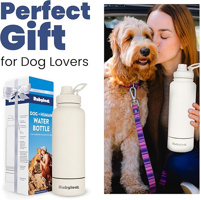 Dog Water Bottle for Dog Lovers - 32 oz Stainless Steel Double Wall Insulated Water Bottle with 8 oz Detachable Bowl on Bottom for Doggy Lovers for Hiking, Walks, Travel - Cream