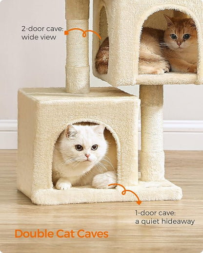Feandrea Cat Tree, 26.4-Inch Cat Tower, Plush Condo for Kittens up to 7 lb, Large Perch, 2 Caves, Scratching Post, Beige UPCT611M01