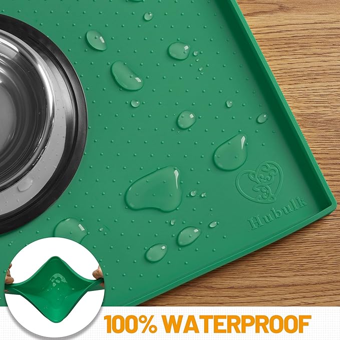 Hubulk Dog Feeding Mat,100% Waterproof Food Grade Silicone Pet Food and Water Bowl Placemat,Dishwasher, High Raised Edge to Prevent Spills,Nonslip Tray to Stop Messes on Floor（32"x24"x1.0",Hunter）