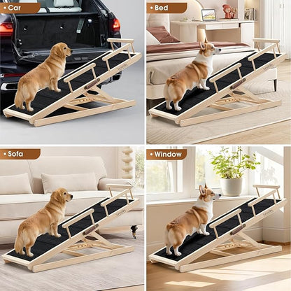 Dog Ramp for Bed - 52.9" Long Adjustable 12" to 28" Wooden Pet Ramp for Small Large Older Dogs - Dog Ramps for High Beds Couch Car - Dog Steps with High Traction Mat & Safety Side Rails Up to 250LB