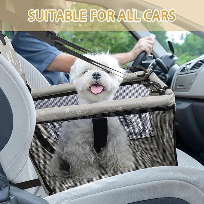 PetsHome Dog Car Seat Foldable Dog Car Booster Seat Waterproof Breathable Oxford Travel Bag for Small to Medium Dogs, Puppies, and Pets-Pattern Grey