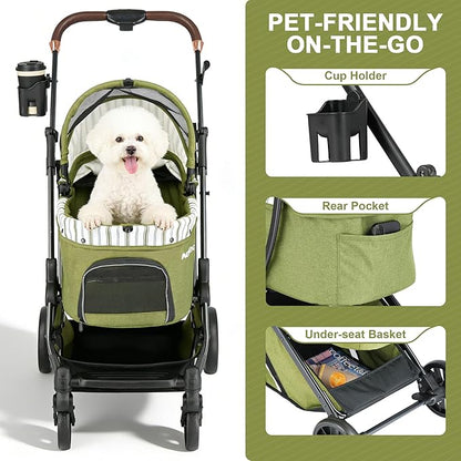 Pet Stroller for Small Dogs & Cats – Easy One-Hand Fold, Supports Up to 35 lbs – Green