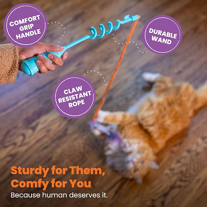 Catstages Cat-apult Spring Wand Durable and Interactive Teaser with Flinger Clip & Two Cat Toys, Catnip Toy & Pompom Ball, Blue