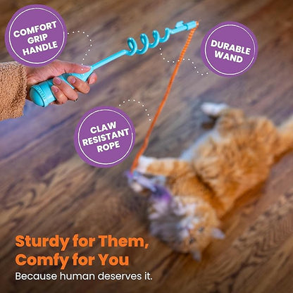 Catstages Cat-apult Spring Wand Durable and Interactive Teaser with Flinger Clip & Two Cat Toys, Catnip Toy & Pompom Ball, Blue